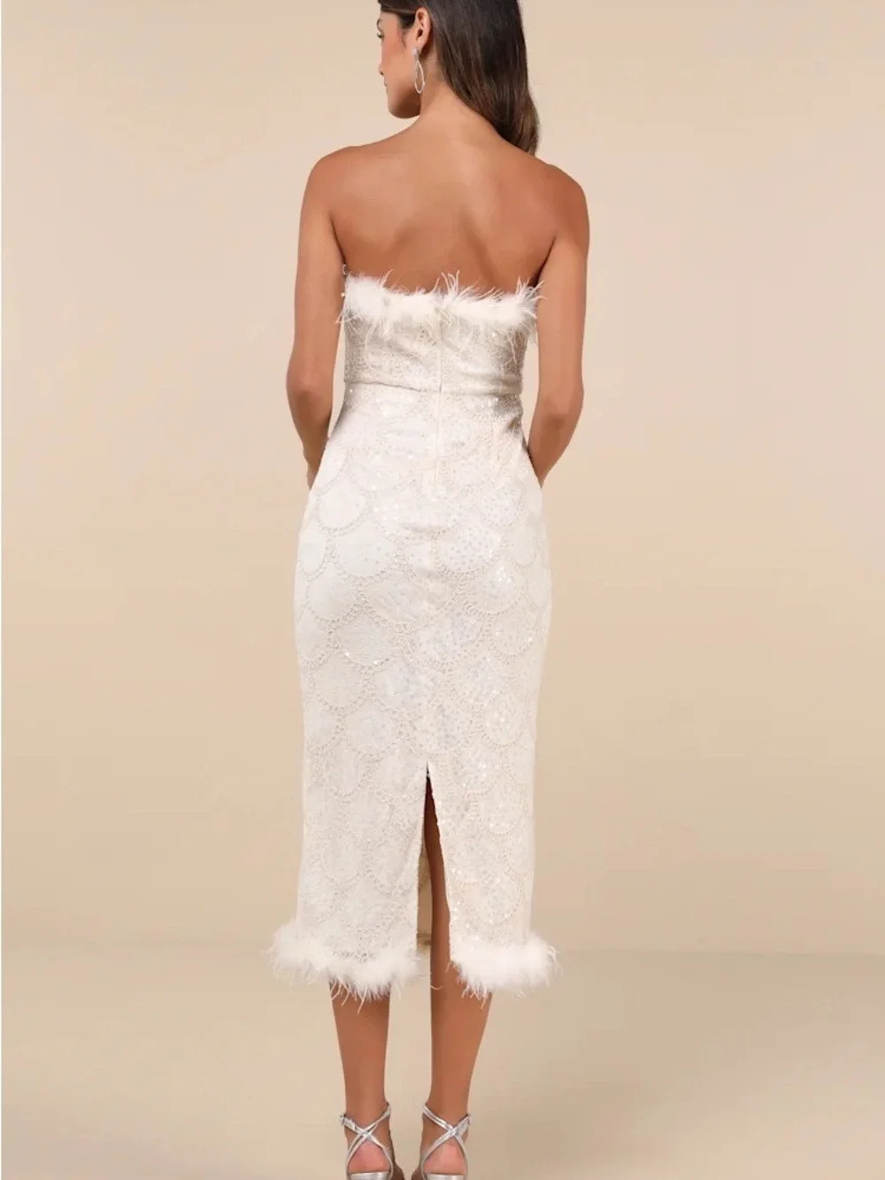 Lulus Uniquely Confident Cream Lace Feather Strapless Midi Dress Size Medium NWT - Picture 2 of 8